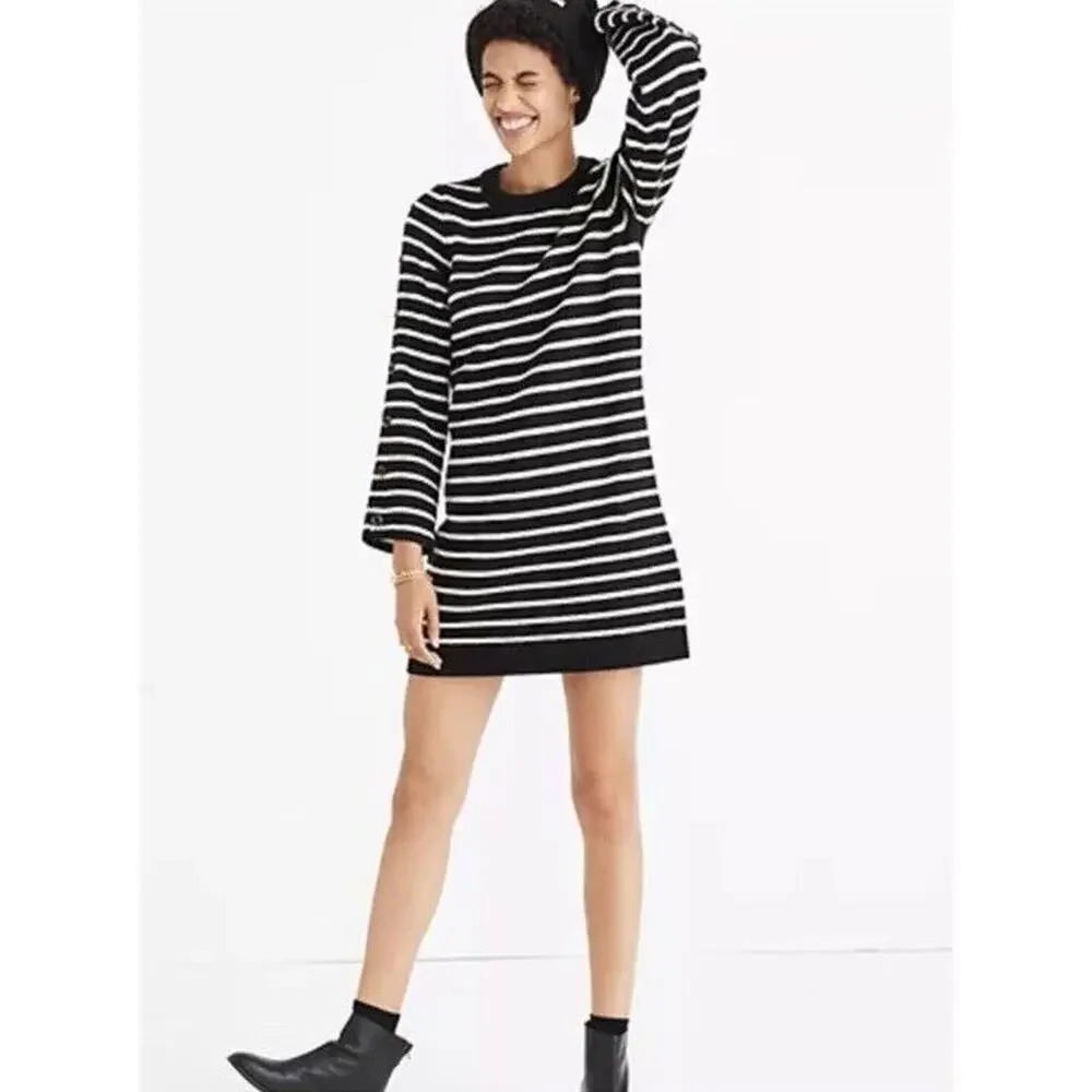 Madewell Button-Sleeve Sweater-Dress in Stripe Style H3615 Size XXS Women’s